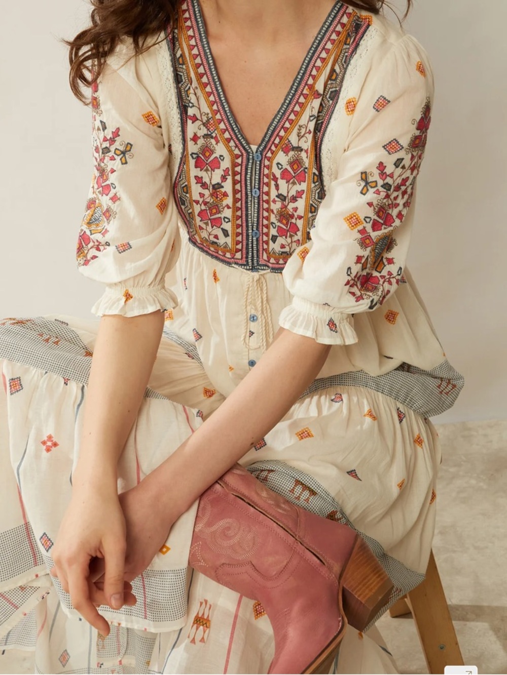 Embroidered Cream Maxi Dress with V-Neck Tassel Tie - Picture 2 of 9